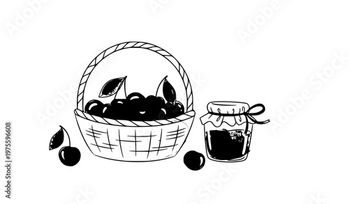 Minimal watercolor cherry basket jar illustration organic summer fruit design