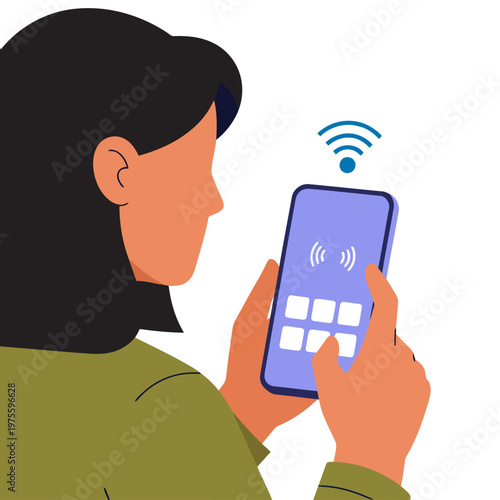 A woman controls a smart diffuser via her phone app. Modern, clean design showcasing wireless connectivity. Focus on user interface and technology.