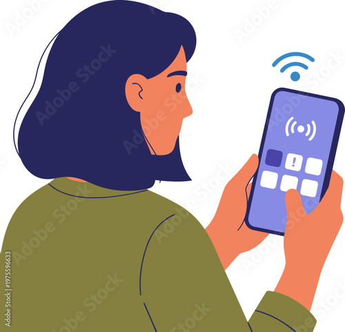 A woman controls a smart diffuser via a smartphone app, showcasing modern home automation. Clean, bright, and connected. Ideal for tech and lifestyle visuals.
