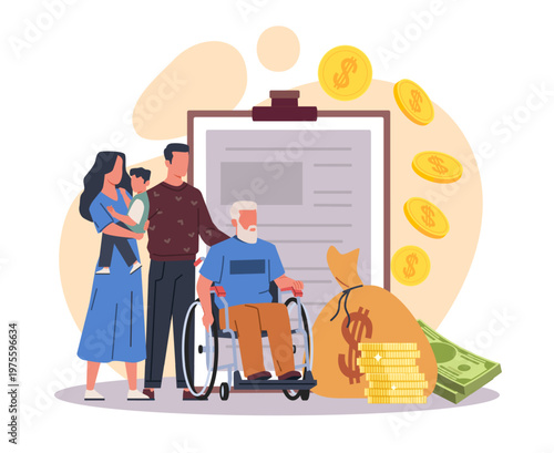 Family allowance. Family financial support. Tax allowance, child support, disability, receiving money from state, senior disability in wheelchair, charity vector cartoon isolated concept