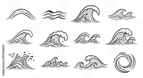 Hand drawn ocean wave movements and powerful water splashes depicting sea energy for water themed graphic projects