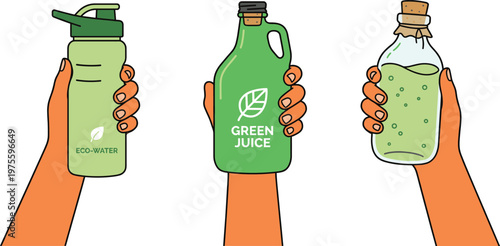 Hand, holding, eco, water, and, green, juice, bottle, set, with, reusable, glass, and, plastic, isolated, vector, illustration