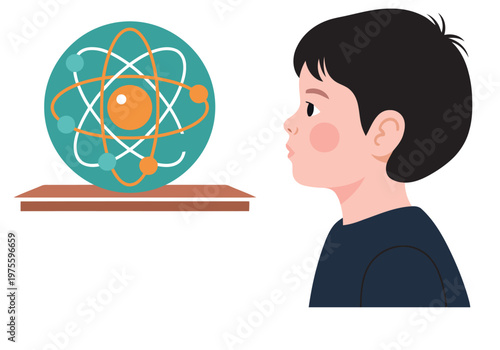 A curious boy gazes at an atom model in a museum exhibit. Bright colors and a clean design create an engaging educational illustration.