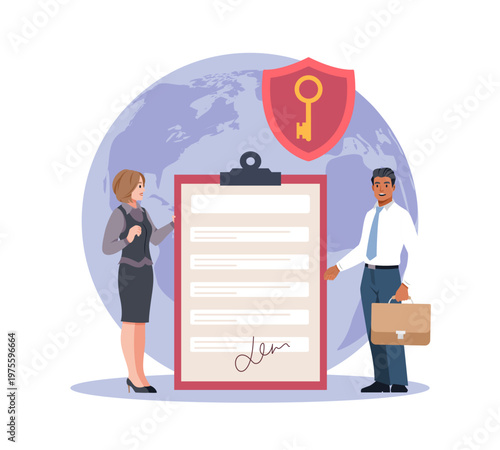 Development of environmental strategy. Access to natural resources, conclusion of agreement, approval, compliance and secure access management in corporate operations vector cartoon concept