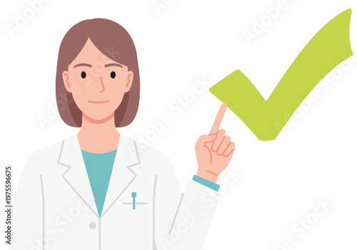 A dermatologist points to a recommended skincare routine. Clean, modern illustration with a professional female figure and a bright green checkmark. Suitable for health, beauty, and wellness content.