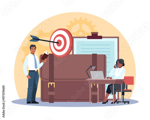 Data analysis. Businessmen calculate strategy, teamwork and brainstorm, goal achievement target, management with documents and briefcase, woman office scene vector cartoon isolated concept