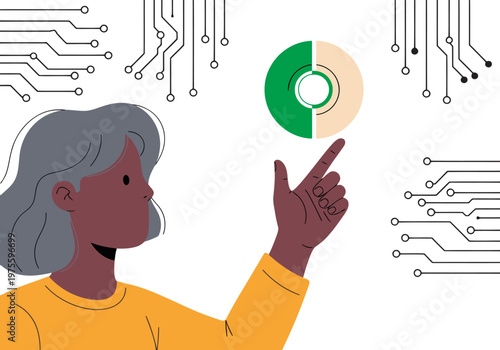 A diverse woman interacts with a quantum node data visualization, symbolizing technological advancement. Modern, clean design with a focus on innovation and digital future.