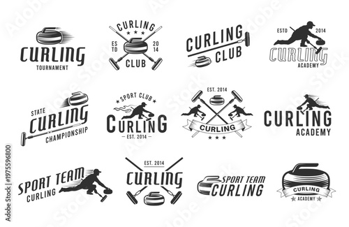 Curling game labels. Ice sport competition badges, silhouettes of athletes pushing round granite stones, monochrome emblems, minimal logotype with stones, brooms and athlete tidy vector set
