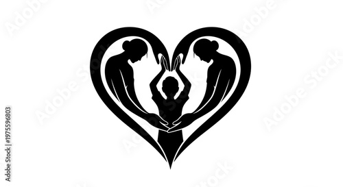 Monochrome vector illustration for World Health Day featuring a silhouetted child reaching up inside a heart shape formed by two adults, symbolizing wellness and care, set against a clean