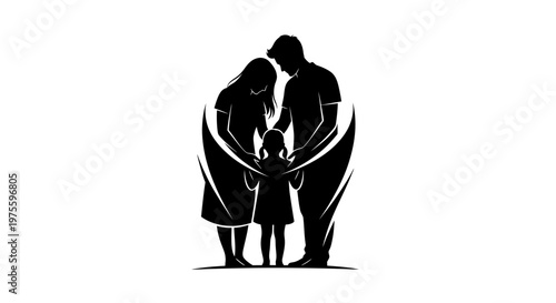 Monochrome vector illustration showing a family silhouette, with a mother, father, and child standing together against a clean white background, conveying a sense of unity and health