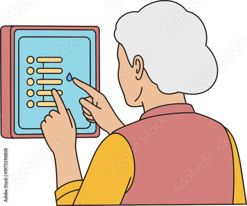 An elderly woman monitors water purity with a sensor. A clean, modern design highlights the quality control process. Soft colors and a focused composition.