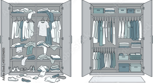Closet, organization, before, and, after, set, with, messy, versus, tidy, wardrobe, isolated, vector, illustration