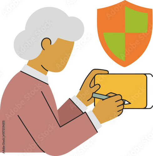 An elderly woman examines an insurance policy contract, highlighting ?Zero Shadow? and ?Zero Glow? features. Clean, modern illustration style. Focus on clarity and protection.