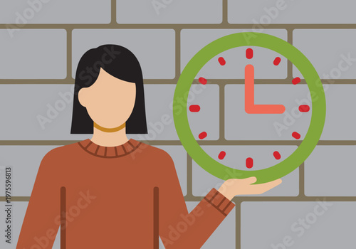 An elderly woman holds a clock displaying an anti-aging routine. A clean, modern illustration with a textured brick background. Focus on wellness and aging gracefully.