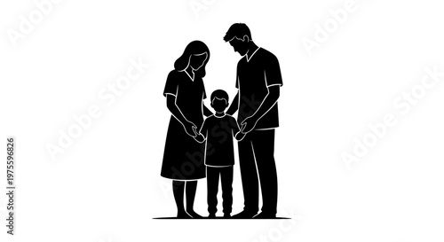 Monochrome vector art shows a family silhouette with a mother, father, and child, designed as an icon to promote world health day, conveying a message of wellness and the importance