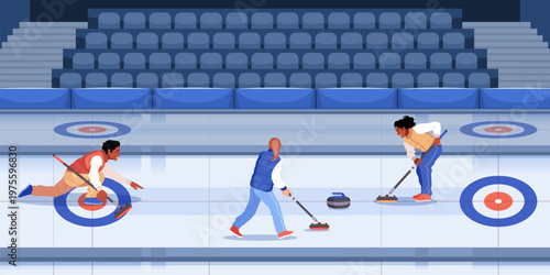 Curling competition. Professional players push granite stones across icy sheet, team sport, sweepers with brushes, men and women team on ice playing, tidy vector cartoon isolated concept