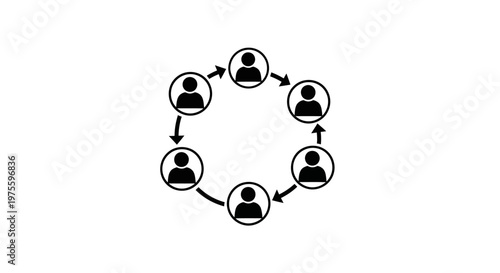 Graphic illustration showing a connected group of people in a circle, symbolizing a health community, with a clean vector style, set against a bright white background, promoting a global