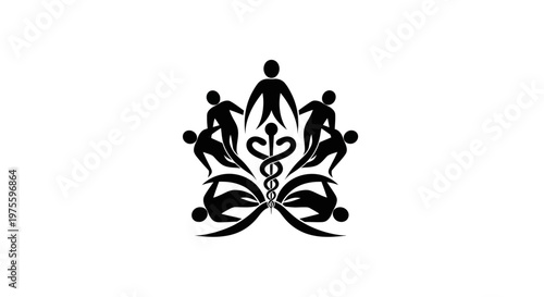 Vector illustration of a black silhouette World Health Day icon featuring stylized people surrounding a caduceus symbol, set against a clean white background, conveying a message of global