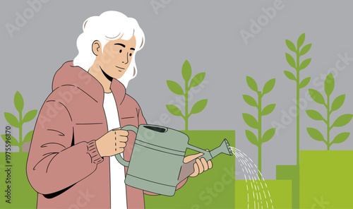 An elderly woman waters plants with recycled water in a garden. A warm, inviting scene showcasing sustainable gardening practices. Soft colors and a modern illustration style.