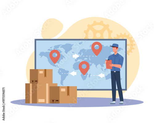 Courier delivers parcels. Placemarks on map, customer conversion, cargo tracking, global shipping management, distribution operations planning, export import vector cartoon isolated concept