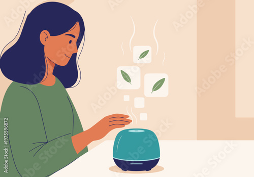 A woman enjoys a diffuser scent, creating a relaxing home atmosphere. Soft colors and a modern design evoke wellness and tranquility. Perfect for home decor and lifestyle imagery.