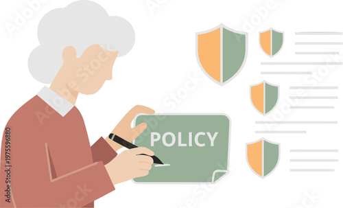 An elderly woman signs an insurance policy contract, surrounded by protective shields and a list. A modern, illustrative style conveys security and peace of mind.