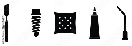 Collection of specialized dental treatment tools including implant, spatula, patch, tube, and syringe glyphs for dentistry presentations, oral hygiene guides, or professional medical