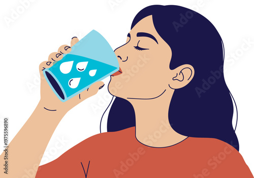 A young woman enjoys a hydration drink, radiating confidence. Modern illustration style with vibrant colors and a focus on wellness. Perfect for health & beauty campaigns.