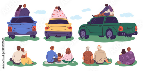 Back view people sitting on cars. Funny characters, wrapped in blankets sit grass, romantic couples outdoor leisure, loving families, social recreation garish vector cartoon isolated set