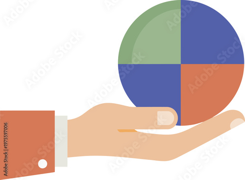 A hand holds a sphere with divided sections, symbolizing concepts. Modern, flat design illustration with a hand and sphere. Suitable for business and data visualization.
