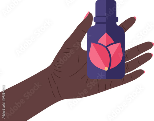 A hand holds a rose essential oil floral bottle, showcasing a beautiful, fragrant product. Soft colors and a clean design create a calming, luxurious feel.