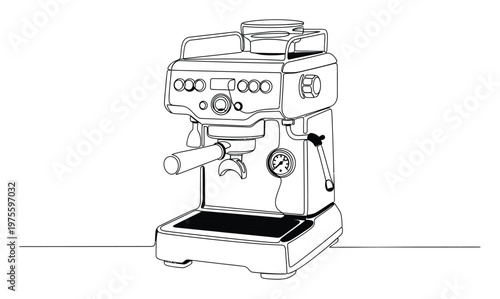 Line drawing of a modern espresso machine with a portafilter and steam wand, perfect for cafe menu designs, coffee shop branding, or kitchen appliance product catalogs