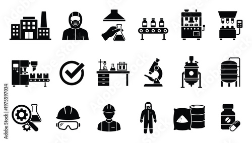 Industrial manufacturing and pharmaceutical production process icons including laboratory equipment, safety gear, and factory machinery for business presentations.
