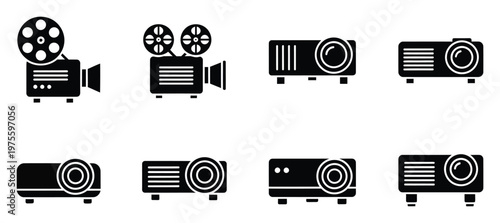Assortment of projector technology icons, including vintage film equipment and contemporary video projectors, perfect for showcasing audiovisual themes in applications and websites