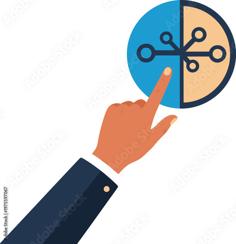 A hand interacts with a split state quantum icon, symbolizing innovation and technology. Modern, clean design with a professional touch.