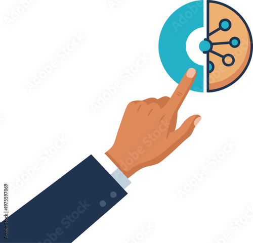 A hand interacts with a split-state quantum icon, symbolizing innovation and decision-making. Modern, flat design illustration for business and technology concepts.