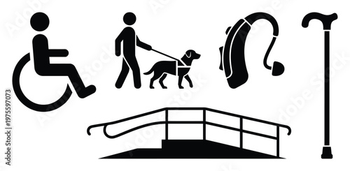 Accessibility icons depicting a wheelchair user, guide dog with person, hearing aid, walking cane, and an access ramp, perfect for inclusive design and public facility signage needs.
