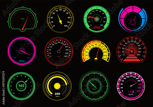 Auto speedometer. Glowing car tablo elements, dials with arrows, kilometer meters, gauge equipment, indicator scale, speed measurement on instrument panel interface qualitative vector set