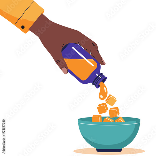 A hand pours aromatherapy bowl oil mix into a ceramic bowl.  Clean, modern illustration with a soft color palette. Perfect for wellness and lifestyle content.