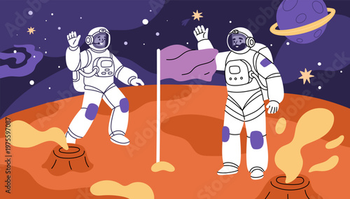 Astronauts characters in open space. People in space suits, flag on new alien planet, cosmos exploration, craters and stars, scientific mission on moon, garish vector cartoon isolated set