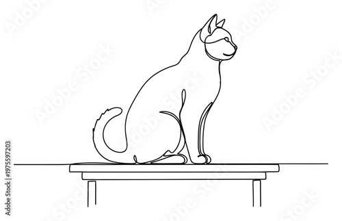 Stylish continuous line artwork of a watchful cat on a simple table excellent for sophisticated pet care promotions and abstract design projects
