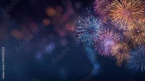 Vibrant Explosion of Colorful Fireworks Displayed Against a Dark Night Sky with Blurry Bokeh Lights Creating a Festive and Celebratory Atmosphere