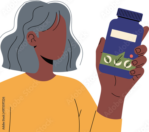 A woman holds a collagen peptide supplement bottle, showcasing a modern wellness concept. Clean lines and a soft color palette create a visually appealing image for health and beauty marketing.