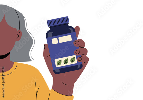 A woman holds a collagen peptide supplement bottle, showcasing a health and wellness lifestyle. Clean, modern illustration with a soft color palette.