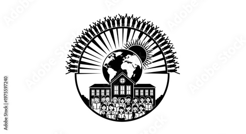 Black and white globe logo.