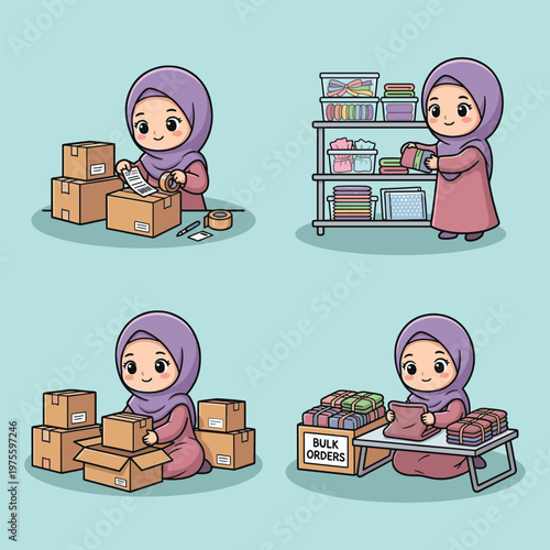 Muslim woman entrepreneur handles online store logistics packing and sorting orders