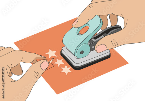 Hands use a paper punch to decorate a gift card with star shapes. Bright