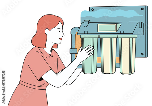 A woman inspects a rainwater filtration unit, highlighting maintenance and water quality. Clean, modern illustration with a focus on sustainability and technology.