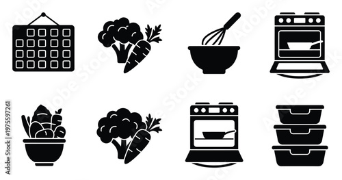 The icons depict cooking ingredients kitchen appliances and meal preparation tools suitable for culinary related applications food blogs and health lifestyle websites