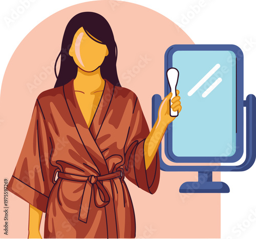 A woman in a robe examines her reflection in a vanity mirror, enjoying a luxurious skincare routine. Soft colors and a serene atmosphere create a calming visual.
